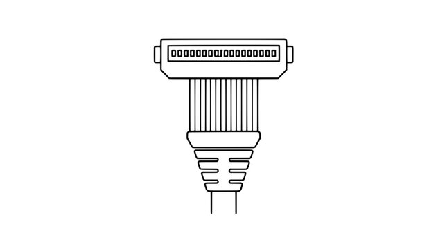 Minimalist black and white vector icon illustration of a ribbon cable connector socket with strain relief boot showing parallel wires and rectangular multi-pin interface for electronics