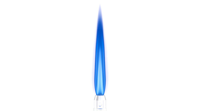 Industrial gas torch with sharp blue flame burning upward from metal nozzle for engineering and welding design with PNG, Transparent and Black Background Versions