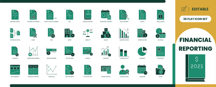 Financial reporting flat glyph icon set with charts