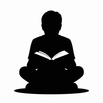 Young student silhouette sitting cross-legged while reading an open book isolated on a clean white background for educational graphic design