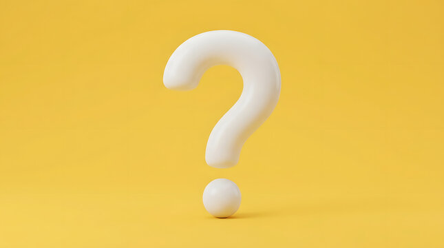 A white three dimensional question mark icon isolated on a bright yellow background