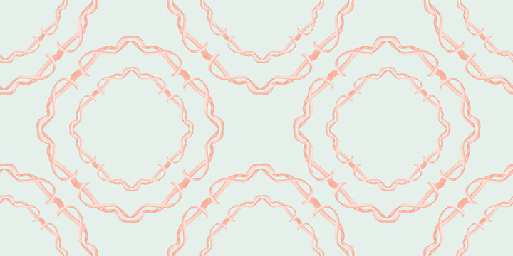 Pink ribbons forming a seamless pattern on green background, watercolor isolated. Decorative design for gift wrap, wallpaper, textile prints, stationery and greeting cards.