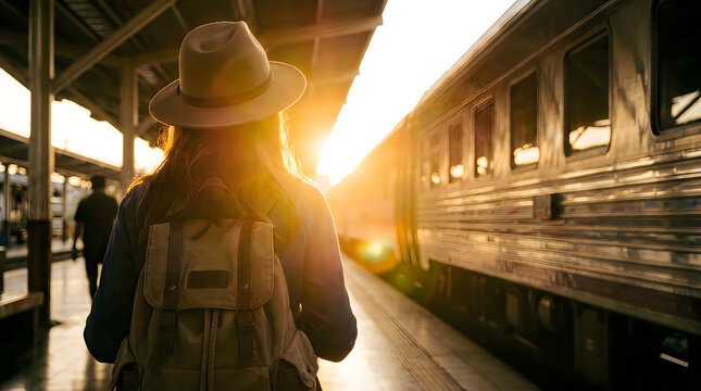 Young woman traveler with backpack standing on train station platform during beautiful golden sunset