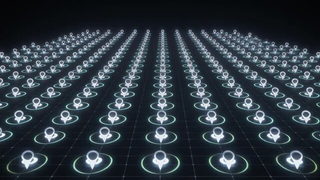 Glowing Location Pin Grid Animation, IoT Sensor Network and Smart Technology Background, 3D Render