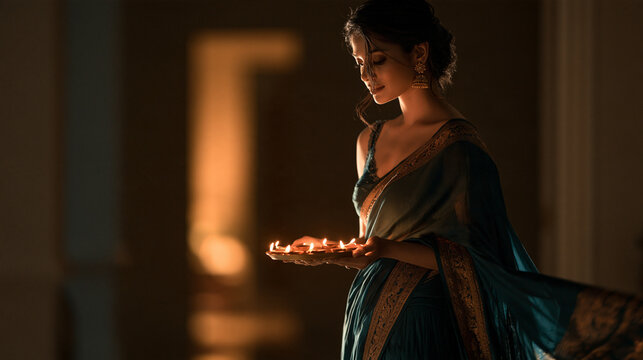 Diwali Devotion: A indian woman adorned in a beautiful teal sari holds a tray of diyas, illuminating the darkness with their gentle flames, embodying the spiritual essence of Diwali.