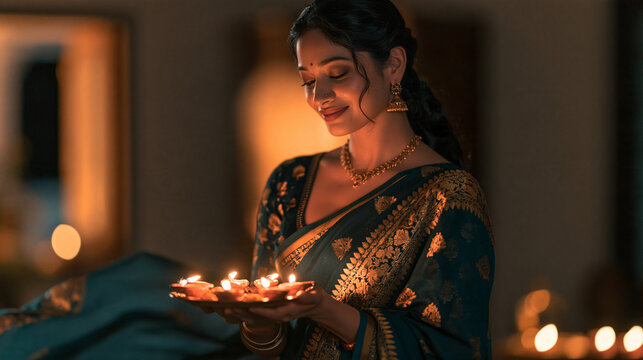 Diwali Glow: A woman in a traditional Indian sari elegantly holds a platter of lit diyas, her face illuminated by the warm, flickering candlelight, embodying the spirit of the festival of lights.
