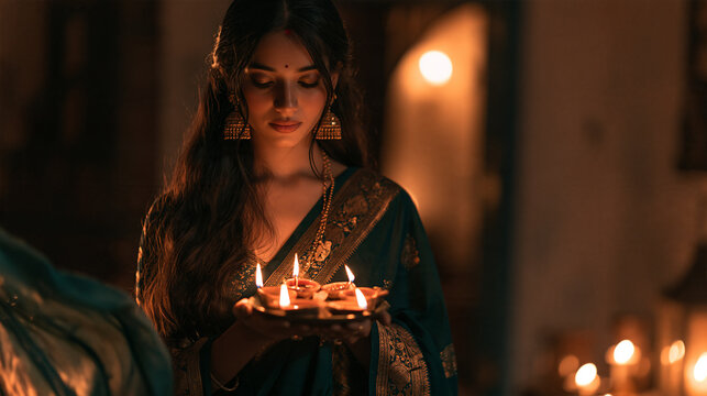 Diwali Lamp Offering: A indian young woman adorned in traditional Indian attire holds a plate of lit diyas, celebrating the festival of lights with a spiritual and graceful offering.