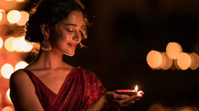 Diwali Celebration Glow: A young Indian woman in a traditional red sari holds a lit oil lamp (diya) during the festival of Diwali,Diwali celebration 