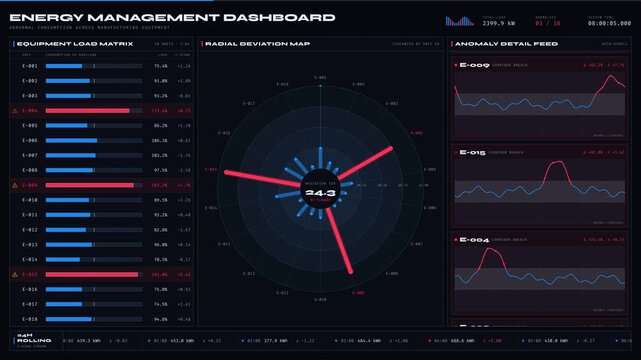 Energy Management Dashboard visualizes abnormal consumption data across manufacturing equipment with animated charts and progress bars in a sleek dark mode interface.