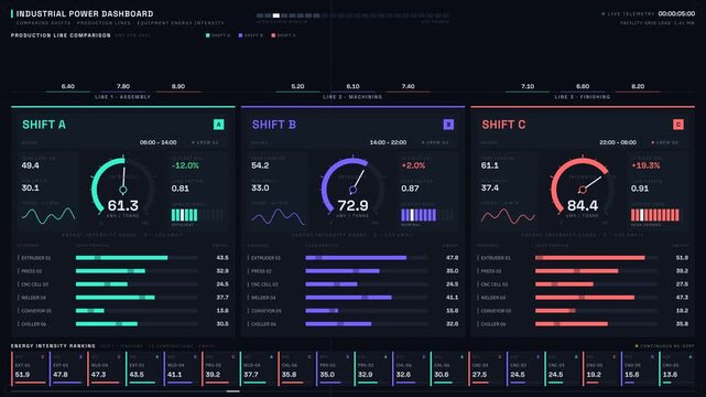 An industrial power dashboard visually compares shifts, lines, and equipment energy intensity using vibrant colors and animated elements for engaging data presentation.