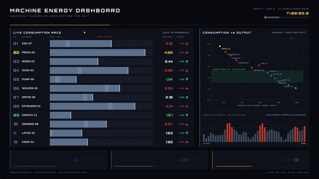 Dynamic machine energy dashboard showcasing equipment ranked by consumption per unit with animated bar chart and scatter plot for performance analysis.