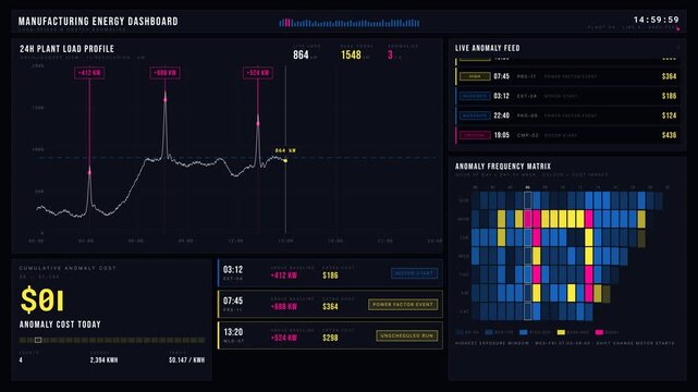 An advanced manufacturing energy dashboard showcasing load spikes and costly anomalies with an oscilloscope-style waveform and interactive data visualizations.