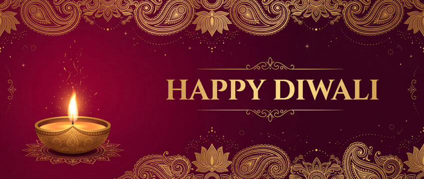 Diwali Celebration banner: A glowing diya illuminates a festive banner with the inscription HAPPY DIWALI, adorned with intricate paisley patterns and ornamental borders.