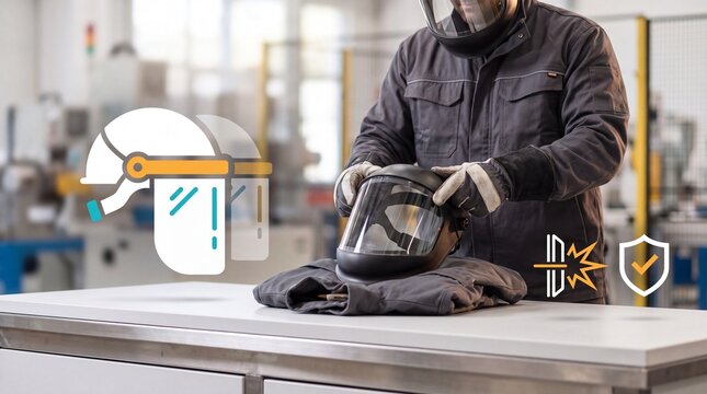 Worker preparing protective face shield equipment for industrial safety protocols in a manufacturing workshop setting with protective clothing inspects workbench safety icons