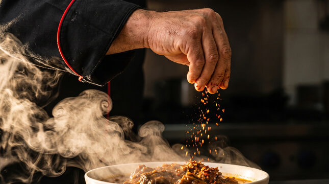 Chef sprinkling chili flakes or spices onto a steaming hot dish in a restaurant kitchen closeup.