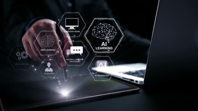 AI learning system involves deep learning, supervised machine learning, and natural language processing. AI learning diagram shows how AI advances learn in automation and data processing. Elide