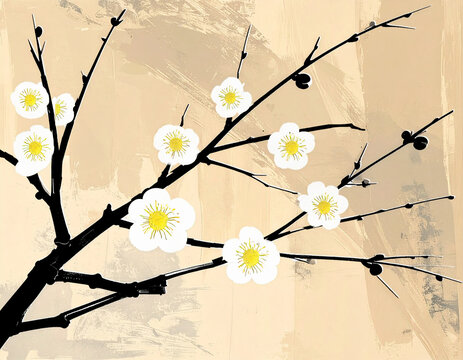 Minimalist Japandi sumi-e plum blossom branch illustration