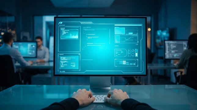 Developer working on complex software dashboard interface on desktop monitor in dark office environment representing modern technical workflow and digital project management solutions