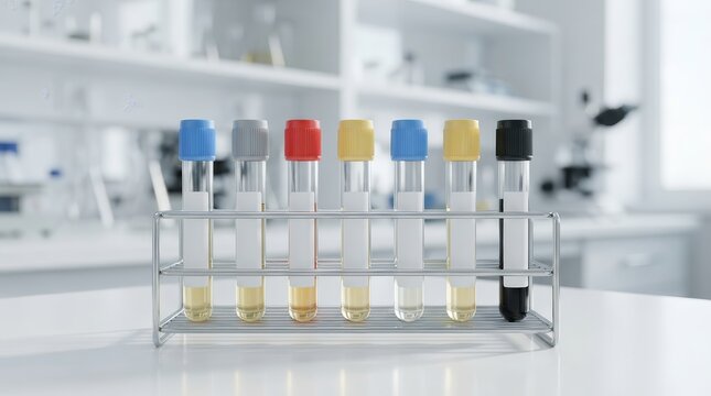 A scientific laboratory sample rack containing various capped test tubes and blank labels.