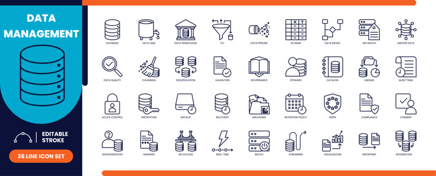 Data management line icons set