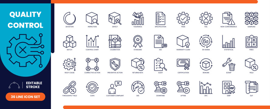 Quality control line icons set