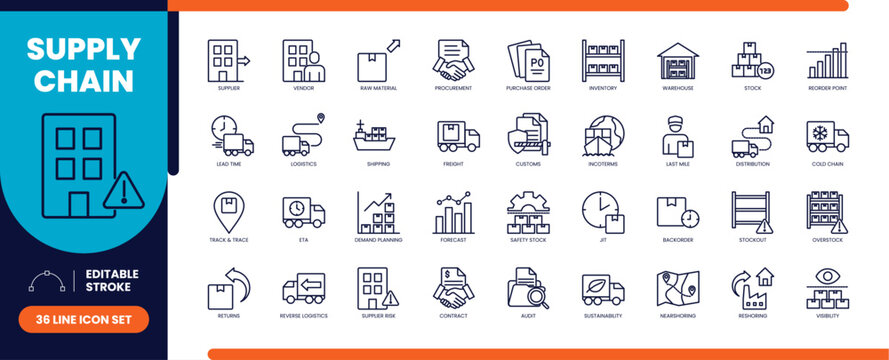 Supply chain line icons set