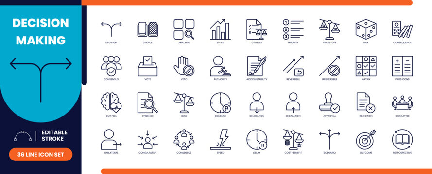 Decision making line icons set
