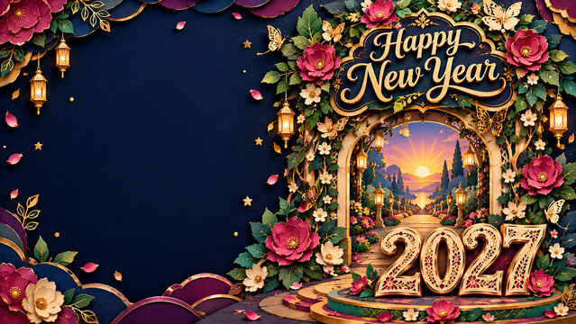 Happy new year 2027 festive background with floral frame and golden lanterns floral border ornate design sunset lands