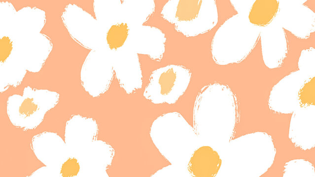 Hand drawn white daisy flowers pattern on a soft pastel peach background