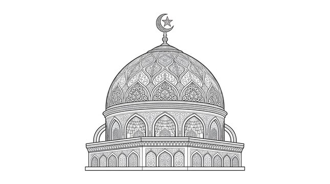 Islamic Mosque Dome with Crescent Moon and Star Line Art Illustration