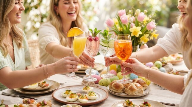 Festive Easter brunch with friends enjoying cocktails and delicious food at a decorated table.