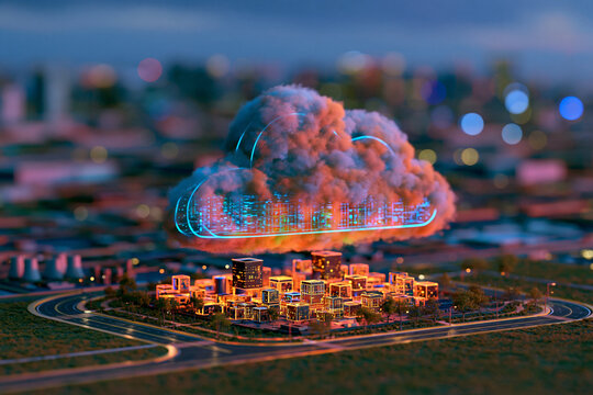 abstract cloud computing concept, luminous cloud above connected digital nodes, 3D illustration