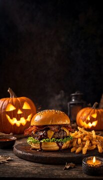 Tasty beef burger with bacon and fries served for halloween celebration