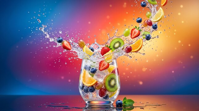 Vibrant fruit cocktail splash featuring strawberries, blueberries, kiwi, and oranges bursting from a glass with ice cubes, set against a colorful gradient background with droplets.