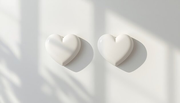 Two white heart shapes on a clean surface with soft natural light shadows