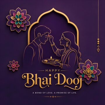 Happy bhai dooj greeting with decorative floral elements and arch frame design festival celebration tradition