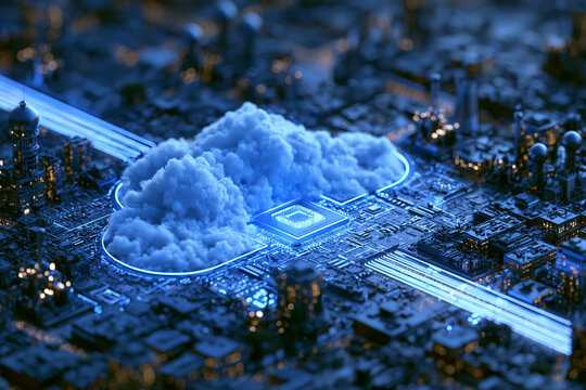 cloud computing supporting smart city systems, connected buildings and data streams, 3D illustration