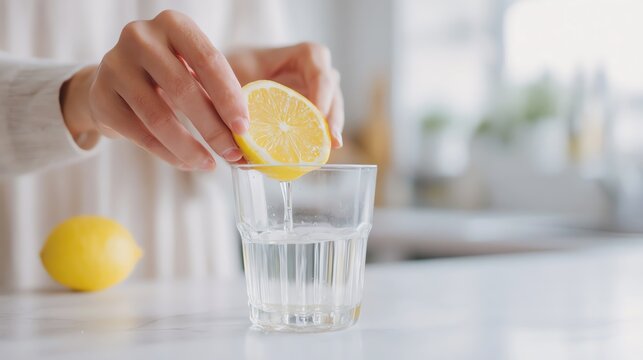 Refreshing lemon being squeezed into a glass.