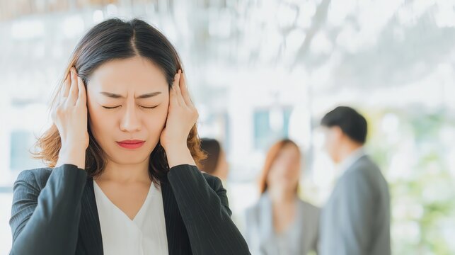 Stressed woman with hands on her head.