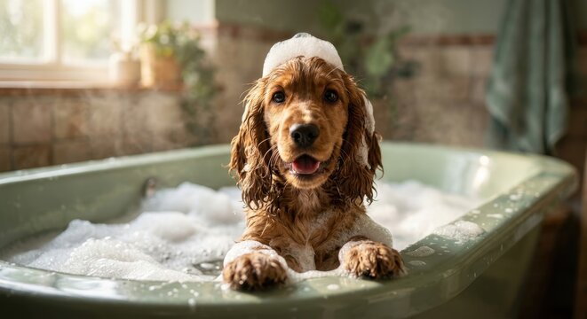 Adorable golden cocker spaniel enjoying a bubble bath in a vintage green bathtub, featuring soap suds on its head and paws within a bright, cozy domestic bathroom setting.