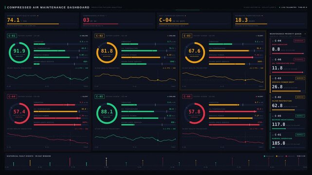 A dark-themed compressed air maintenance dashboard visually identifying inefficient compressors before failure with detailed health metrics and maintenance priorities.