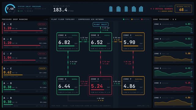 Visualize the compressed air network dashboard highlighting pressure drops across various plant zones with animated pressure indicators and detailed flow metrics.