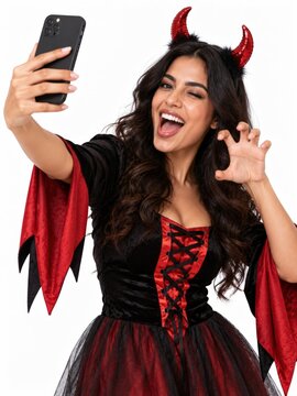 Woman in Devil Costume Taking a Selfie