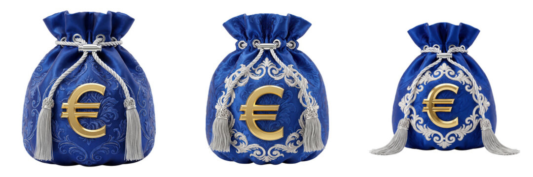 Three blue velvet drawstring gift bags with gold euro currency symbols isolated on transparent background