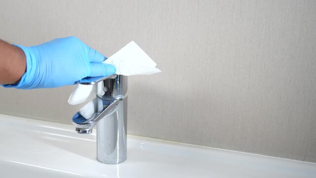 Person in blue glove carefully wipes and sanitizes a silver faucet with white paper towel to maintain cleanliness and hygiene