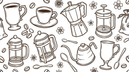 Obraz premium Vintage Hand Drawn Coffee Elements Seamless Pattern Illustration Featuring Moka Pots French Presses Mugs Kettles Coffee Beans and Flowers for Cafe Wallpaper Wrapping Paper and Fabric Design