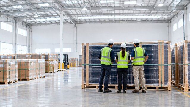 warehouse worker scanning a solar panel pallet with a barcode reader