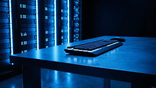 A dark room with server racks and a computer keyboard and mouse on a table with blue lighting
