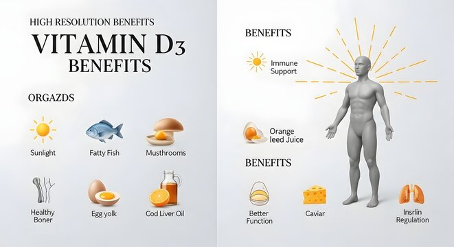 Vitamin D3 Benefits and Origins Infographic
Sources and Benefits of Vitamin D3
Where Vitamin D3 Comes From and What It Does
Vitamin D3 Origins vs Benefits Chart
Sunlight, Fish and the Power of Vitamin