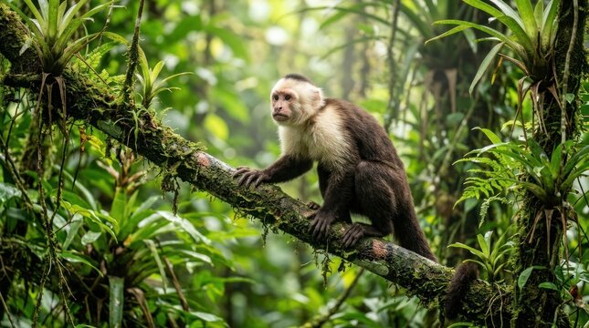 White-faced Capuchin Monkey Perched on a Lush Jungle Branch.